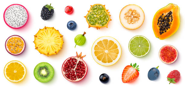 istock Fruits and berries isolated on white background, top view, flat lay 1473139950