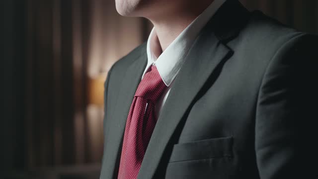Close Up Of A Man In Jacket And White Classic Shirt Wearing Red Necktie. Dressing For Celebration Event, Business Meeting Or Wedding