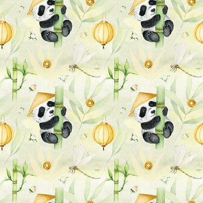 Cute panda in a traditional Chinese hat, dragonflys, Yellow Chinese paper lanterns, bamboo leaves, chinese ancient coins. Asian culture. For textiles, packaging, wallpaper, postcards.
