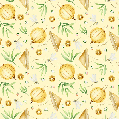 Yellow Chinese paper lanterns, dragonflys, traditional chinese hat, bamboo leaves, chinese ancient coins. Seamless pattern. Chinese New Year. Asian background with holiday symbols.