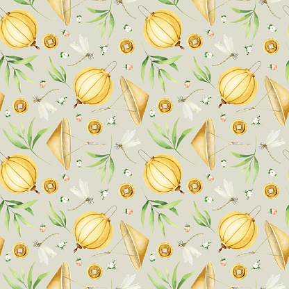 Yellow Chinese paper lanterns, dragonflys, traditional chinese hat, bamboo leaves, chinese ancient coins. Seamless pattern. Chinese New Year. Asian background with holiday symbols.