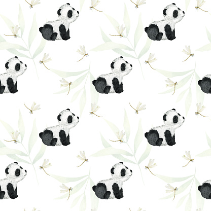 Cute sitting panda, dragonflys, bamboo leaves. Watercolor seamless pattern on a white background. Children's tropical drawing of a cute panda.For textiles, packaging, wallpaper, postcards.