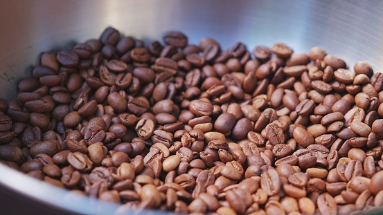 Freshly Roasted Craft Raw Coffee Beans in Metal Bowl