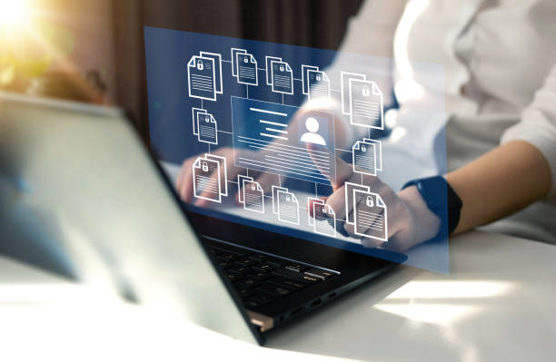 istock Employee confidentiality. Software for security, searching and managing corporate files and employee information.Corporate data management system and document management system with employee privacy. 1473144506