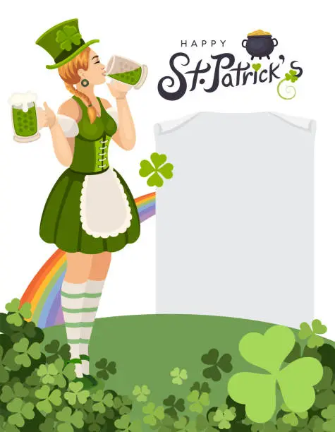 Vector illustration of Saint Patrick's Day Celebration. Vector Irish Lucky Holiday Design for Poster. Paper Sign. Party Flyer Illustration with Clover. St. Patrick's Girl with beer mug.