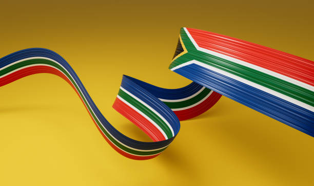 bandeira 3d da áfrica do sul 3d ondulada brilhante bandeira da fita da áfrica do sul no fundo amarelo, ilustração 3d - south african flag flag africa south africa - fotografias e filmes do acervo