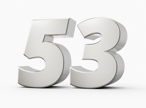 Silver 3d numbers 53 Fifty three. Isolated white background 3d illustration