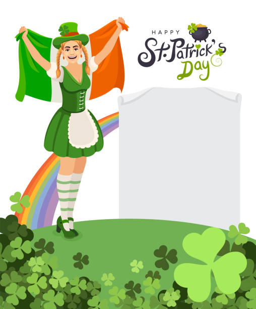 illustrations, cliparts, dessins animés et icônes de célébration de la saint-patrick. vector irish lucky holiday design pour affiche. panneau papier. illustration de dépliant de fête avec trèfle. st. patrick’s girl avec une chope de bière. - beautiful glass gold traditional culture