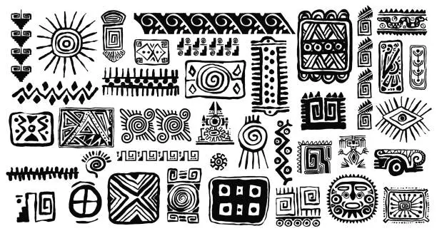 Vector illustration of Set of Mexican gods symbols. Abstract aztec animal bird totem idols, ancient inca maya civilization primitive traditional signs. Vector ornament of native americans, aztecs, maya, incas.