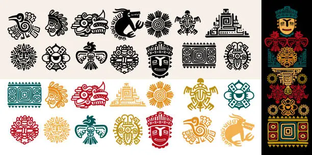 Vector illustration of Set of Mexican gods symbols. Black and colored abstract aztec animal bird totem idols, ancient inca maya civilization primitive traditional signs. Vector indigenous culture symbols and mythic rituals.