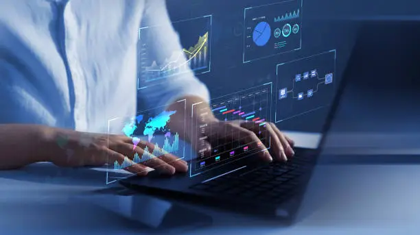 Photo of Business finance data analytics graph. Advisor using KPI Dashboard on virtual screen.Financial management technology.