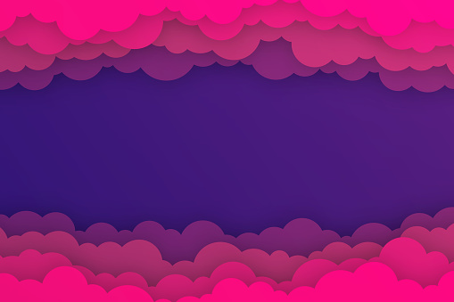 Modern and trendy background. Cloudy design with clouds on top and bottom in a paper cut style. Beautiful color gradient. This illustration can be used for your design, with space for your text (colors used: Red, Pink, Purple, Blue). Vector Illustration (EPS file, well layered and grouped), wide format (3:2). Easy to edit, manipulate, resize or colorize. Vector and Jpeg file of different sizes.