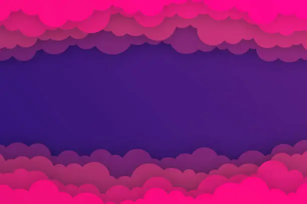 Vector illustration of Purple sky with couds - Paper cut background - Trendy 3D design