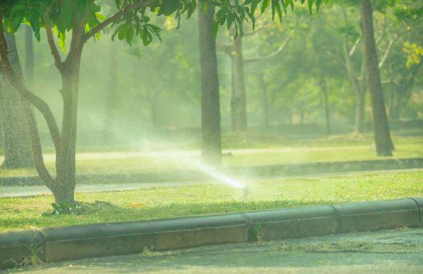 istock Automatic lawn sprinkler watering green grass on sunny summer days. Sprinkler with automatic system. Garden irrigation system watering lawn. Sprinkler service and maintenance. World environment day. 1473149922