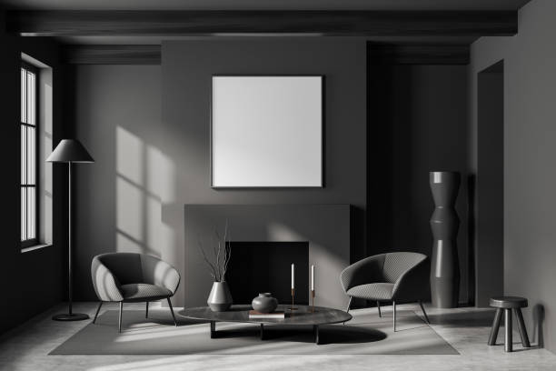 istock Grey living room interior with chairs and fireplace, mockup frame 1473150218
