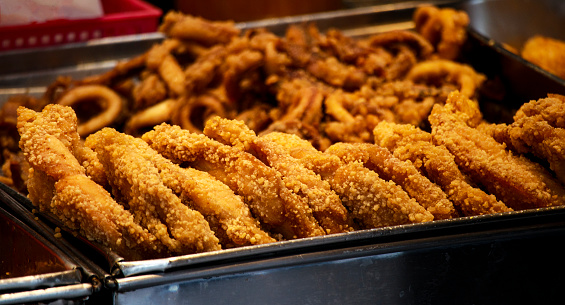 close-up of fried chickens