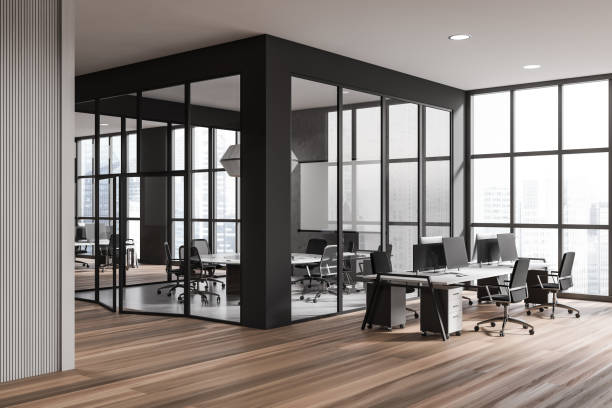 istock Light office room interior with coworking and meeting zone, panoramic window 1473150356