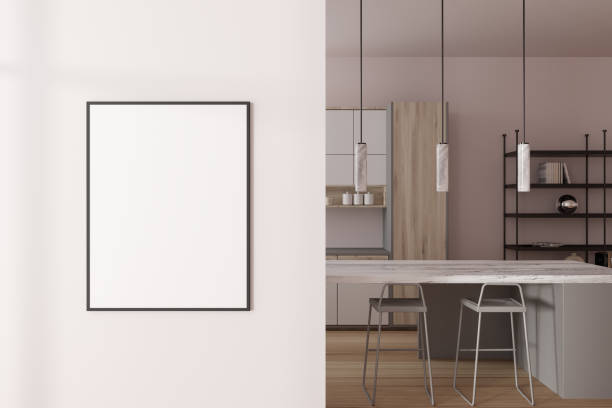 istock Light kitchen interior with bar seats and countertop. Mockup frame 1473150420