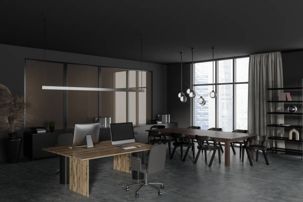 istock Grey office interior with coworking, conference area and panoramic window 1473150669
