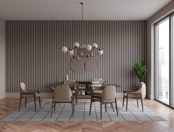 istock Cozy meeting room interior with eating table and decoration, window 1473150837