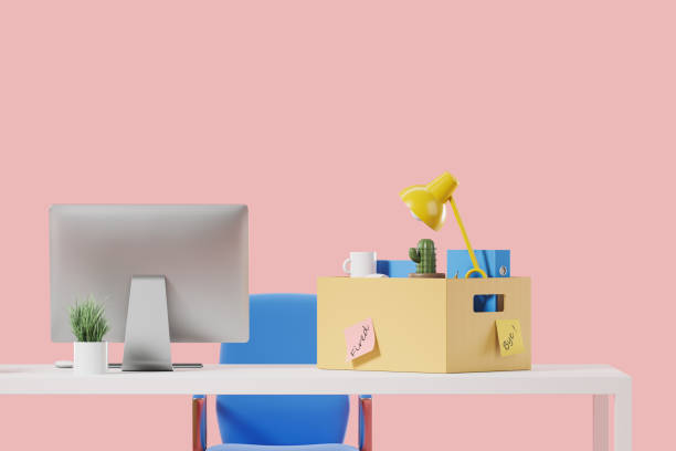 istock Office workplace with cardboard box on desk. Copy space 1473150851