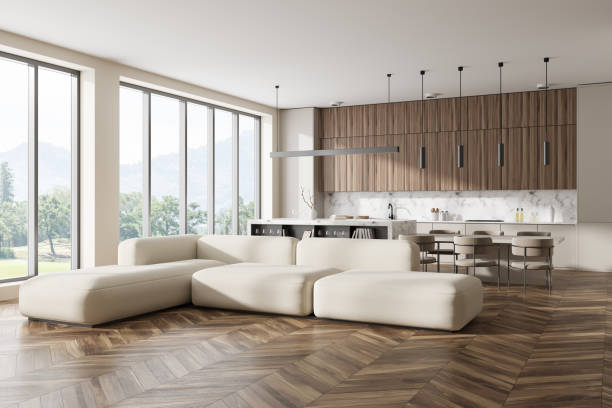 istock Cozy studio interior with lounge and cooking zone, panoramic window 1473151528