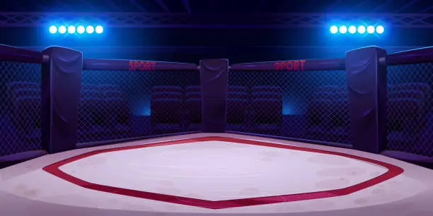 Vector illustration of Empty illuminated boxing ring with ropes