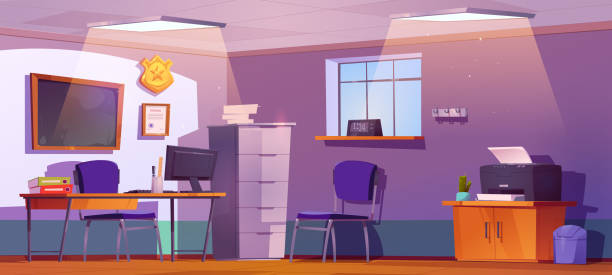 Cartoon police office interior design Police office interior design. Cartoon vector illustration of room with desk, chairs, blackboard and golden badge on wall, criminal cases in folders, computer. Detective or investigator workplace clean room stock illustrations
