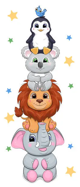 Vector illustration of Cute cartoon animals sit on top of each other.