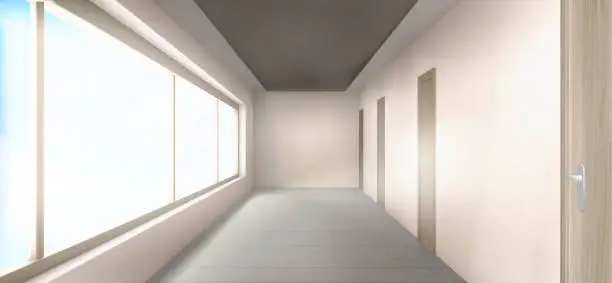 Vector illustration of Empty white hall with many doors and window