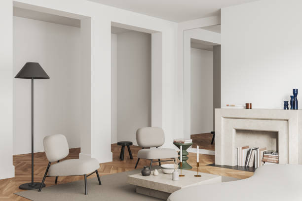 istock Light chill room interior with seats and fireplace, coffee table with decor 1473152069