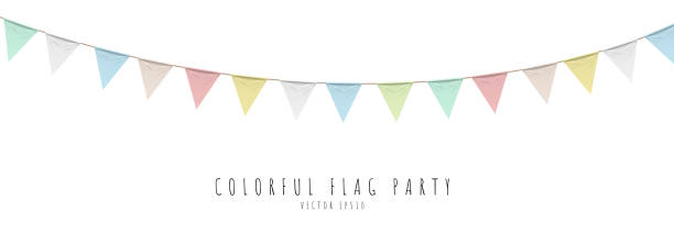 istock Colorful pastel color triangle 3D flag party with rope isolated on white background, decoration element, Vector illustration 1473152108