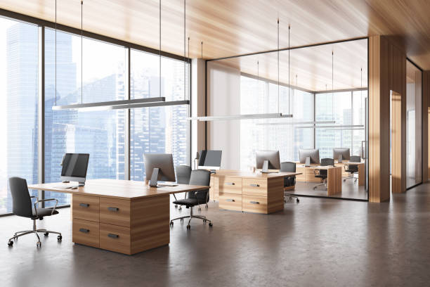 istock Business interior with pc computer on desk, panoramic window on skyscrapers 1473152301