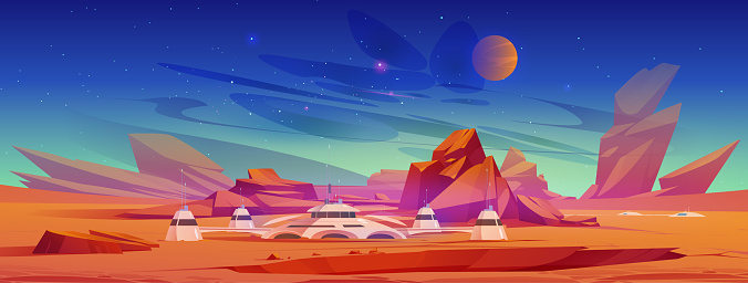 Space exploration station on red planet. Cartoon vector illustration of modern research center on Mars surrounded by rocky landscape, stars and satellites on horizon. Scientific mission, colonization