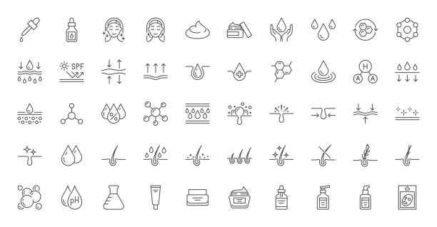 Skin care line icons set. Moisture cream, acid, anti wrinkle serum, ceramide, collagen, retinol compound, sunscreen vector illustration. Outline signs for skincare products property. Editable Stroke Skin care line icons set. Moisture cream, acid, anti wrinkle serum, ceramide, collagen, retinol compound, sunscreen vector illustration. Outline signs for skincare products property. Editable Stroke. beauty stock illustrations