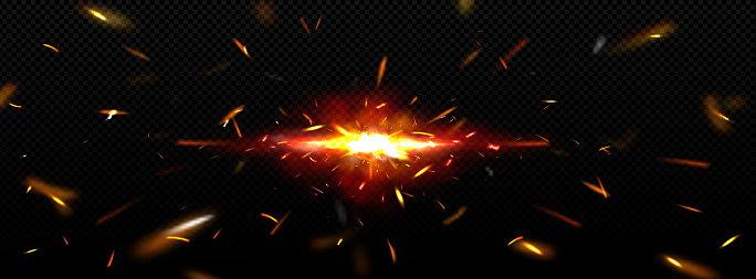 Bright blaze of fire with sparkles png on transparent background. Realistic vector illustration of abstract explosion or space blast with multiple yellow and orange burning particles flying in air