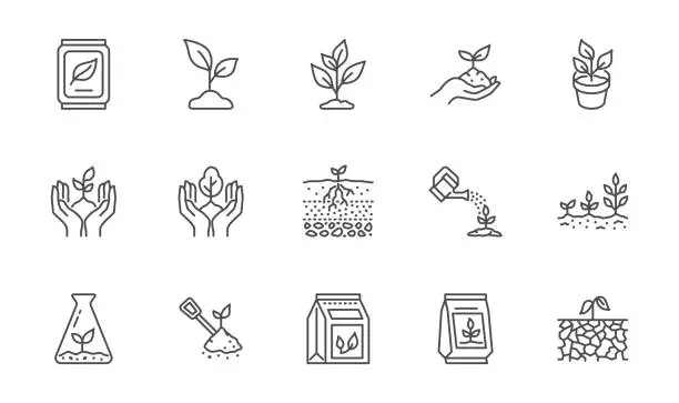 Vector illustration of Plant growing line icons set. Spring growth stage, seeds, seedling, drought, soil testing, agriculture vector illustration. Outline signs for gardening. Editable Stroke