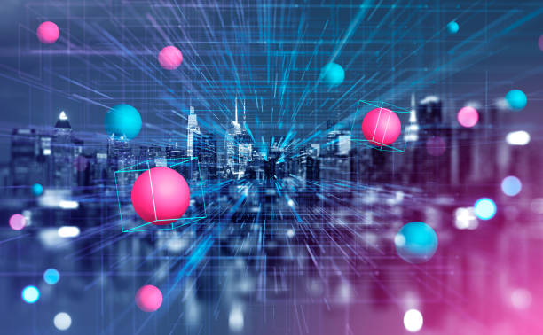 istock Data blocks and spheres in cyberspace, metaverse and New York cityscape 1473152830
