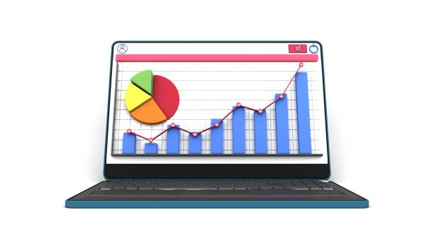 istock laptop display panel financial report graphs charts isolated. 3d rendering 1473154461