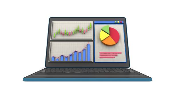 istock laptop display panel financial report graphs charts isolated. 3d rendering 1473155511