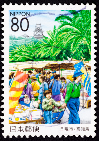 People shopping in the market, Kochi castle, Kochi Prefecture.  The castle is one of the best preserved Japanese castles. - See lightbox for more