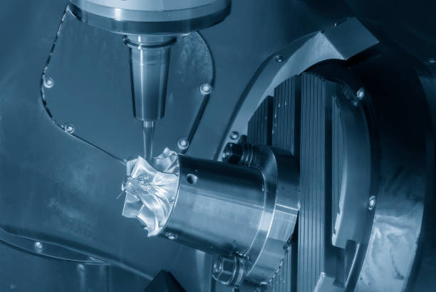 The 5-axis CNC milling machine  cutting the turbocharger part with solid ball end mill tool. stock photo