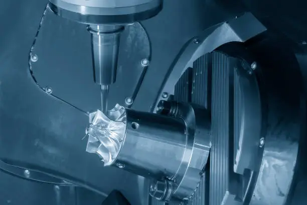 The 5-axis CNC milling machine  cutting the turbocharger part with solid ball end mill tool. The hi-technology automotive  parts manufacturing process by 5-axis machining center.