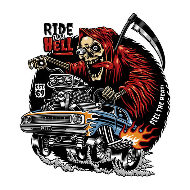 ilustraciones, imágenes clip art, dibujos animados e iconos de stock de grim reaper driving hot rod dibujos animados gráficos vectoriales - camiseta con logotipo