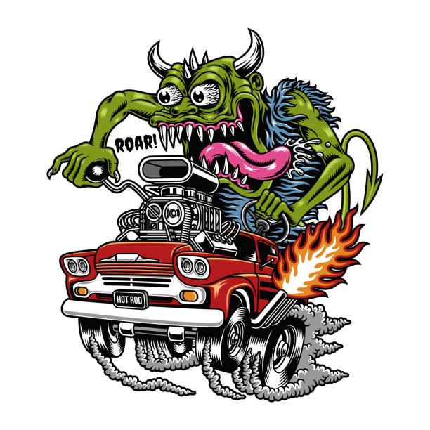 Monster Driving Hot Rod Cartoon Vector Graphics fully editable vector illustration, Image suitable for graphic t-shirt, poster, sticker or print design t shirt transfer stock illustrations