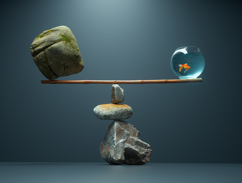 Nature elements standing in balance. Improbable strategy and  plan concept. This is a 3d render illustration