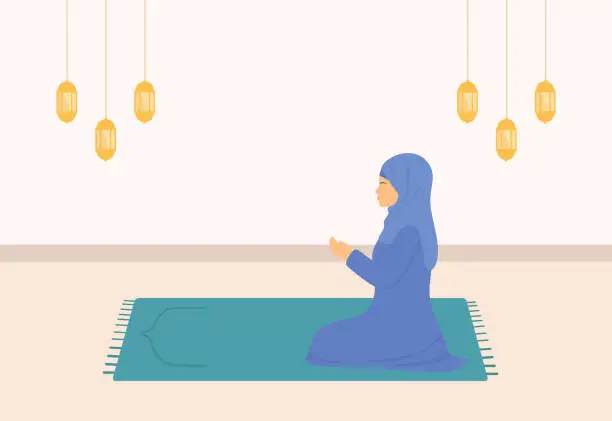 Vector illustration of Muslim Woman Praying To God. Side View Of Young Woman Sitting On Praying Mat