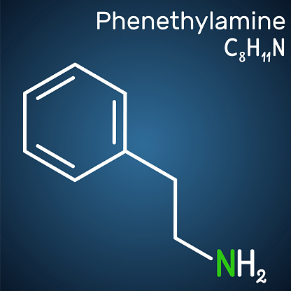 Phenethylamine, PEA molecule. It is monoamine alkaloid, central nervous system stimulant in humans. Structural chemical formula on the dark blue background. Vector illustration