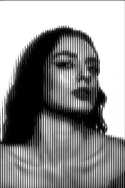 Abstract woman portrait illustration in halftone black and white television screen pixels pattern. Glitched and corrupted female face in halftone and old CRT TVs and VHS pixel style
