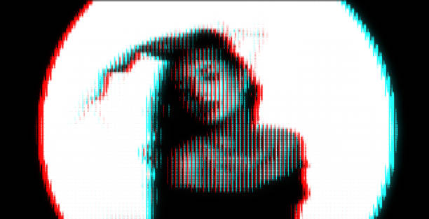 istock Woman portrait illustration in halftone black and white television screen pixels pattern in RGB color split effect style 1473160972